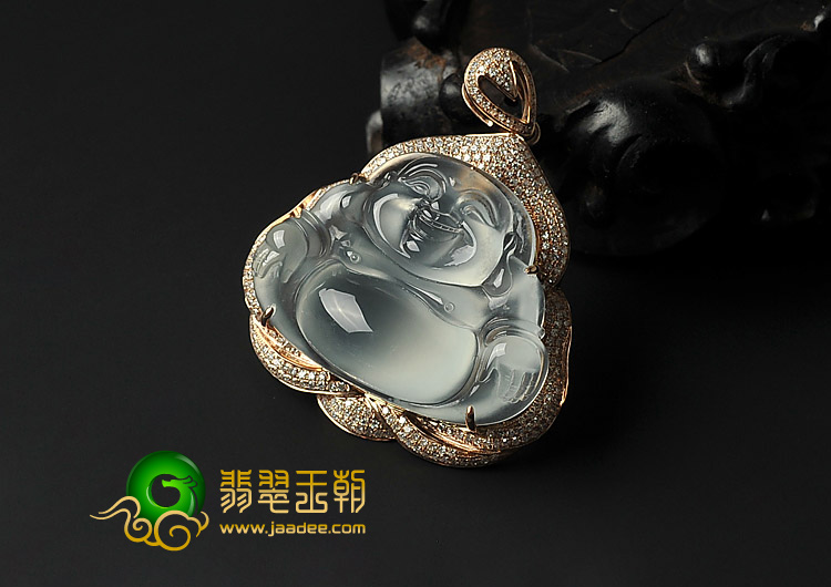 （超值推荐）玻璃种淡晴水缅甸翡翠A货镶玫瑰金玉佛胸坠（真钻）