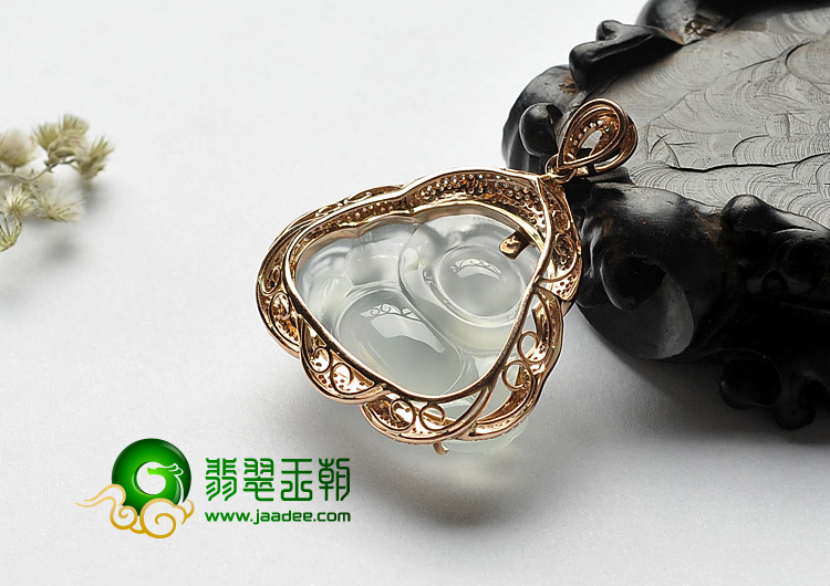 （超值推荐）玻璃种淡晴水缅甸翡翠A货镶玫瑰金玉佛胸坠（真钻）