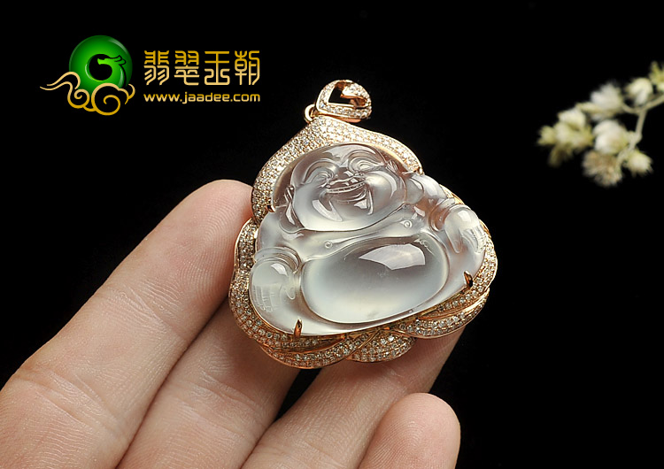 （超值推荐）玻璃种淡晴水缅甸翡翠A货镶玫瑰金玉佛胸坠（真钻）