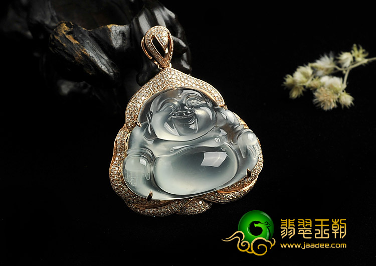 （超值推荐）玻璃种淡晴水缅甸翡翠A货镶玫瑰金玉佛胸坠（真钻）