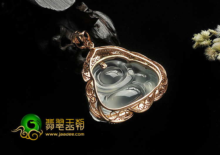 （超值推荐）玻璃种淡晴水缅甸翡翠A货镶玫瑰金玉佛胸坠（真钻）