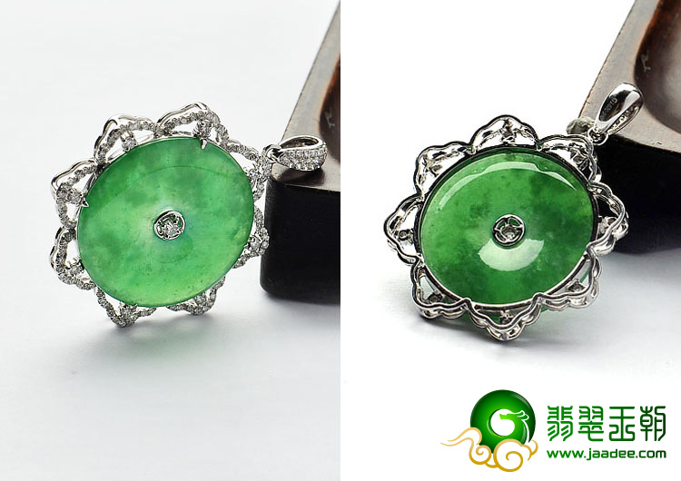 冰种菠菜绿缅甸翡翠A货镶白金平安扣胸坠（真钻）