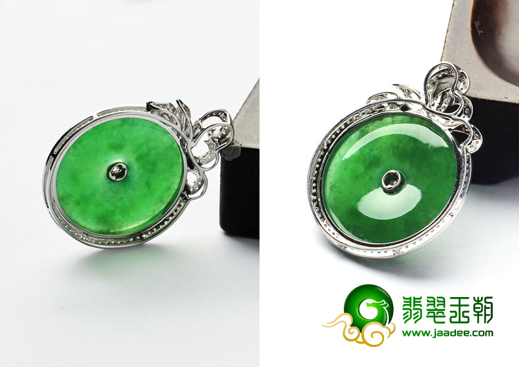 冰种菠菜绿缅甸翡翠A货镶白金平安扣胸坠（真钻）