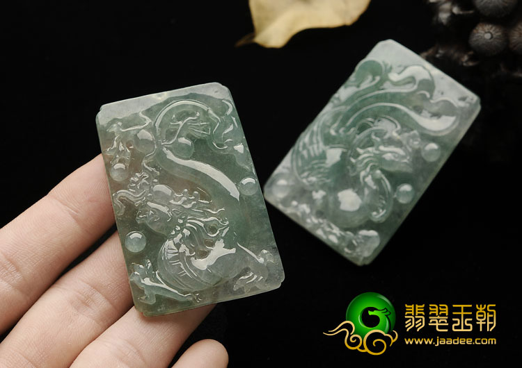 冰种晴水缅甸翡翠A货龙凤牌挂件（一对）
