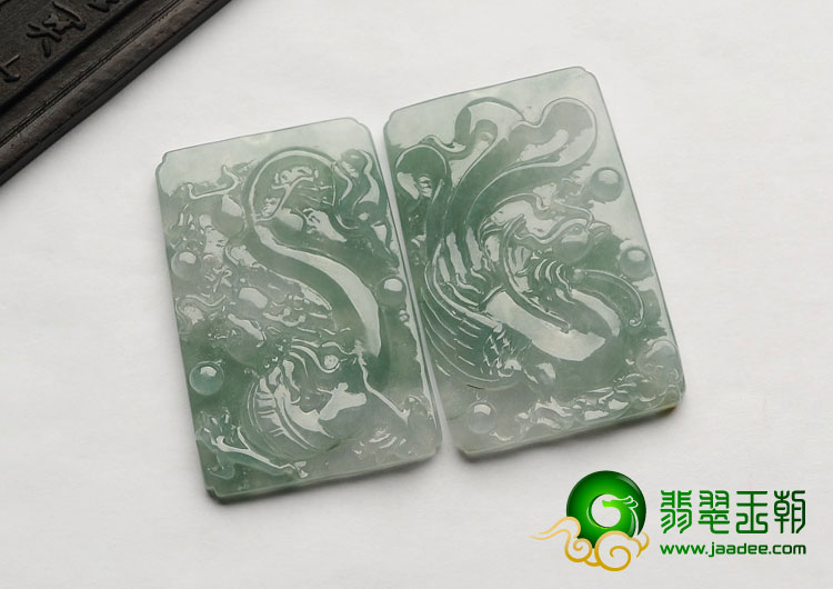 冰种晴水缅甸翡翠A货龙凤牌挂件（一对）