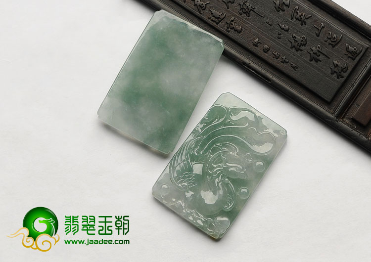 冰种晴水缅甸翡翠A货龙凤牌挂件（一对）