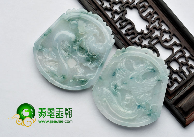 糯冰种飘花缅甸翡翠A货龙凤牌挂件（一对）