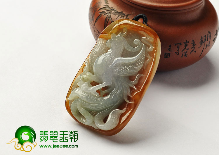 糯冰种褐黄翡缅甸翡翠A货凤凰挂件
