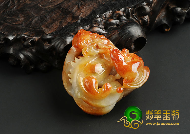 糯冰种红黄翡缅甸翡翠A货龙凤呈祥挂件