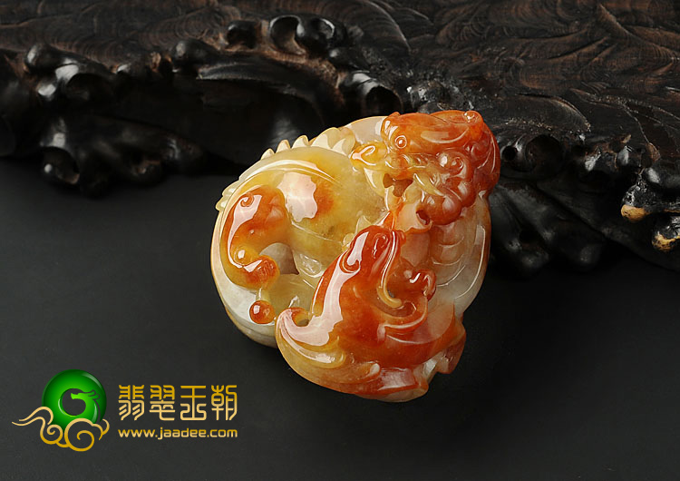 糯冰种红黄翡缅甸翡翠A货龙凤呈祥挂件