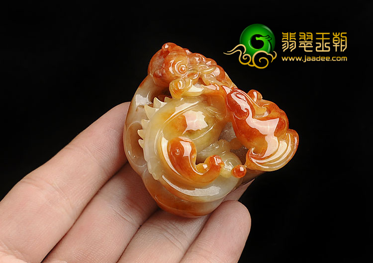糯冰种红黄翡缅甸翡翠A货龙凤呈祥挂件