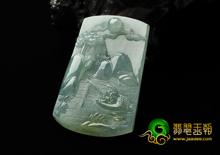 冰种晴水略带黄翡缅甸翡翠A货独钓寒江挂件