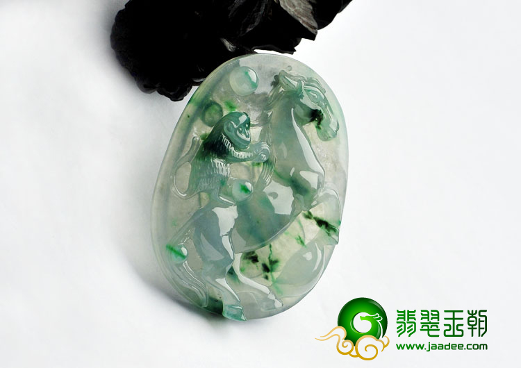 冰种飘花缅甸翡翠A货马上封侯挂件