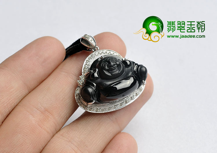玻璃种墨翠缅甸翡翠A货镶白金玉佛胸坠（真钻）