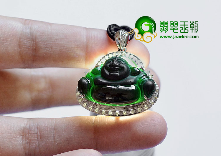 玻璃种墨翠缅甸翡翠A货镶白金玉佛胸坠（真钻）