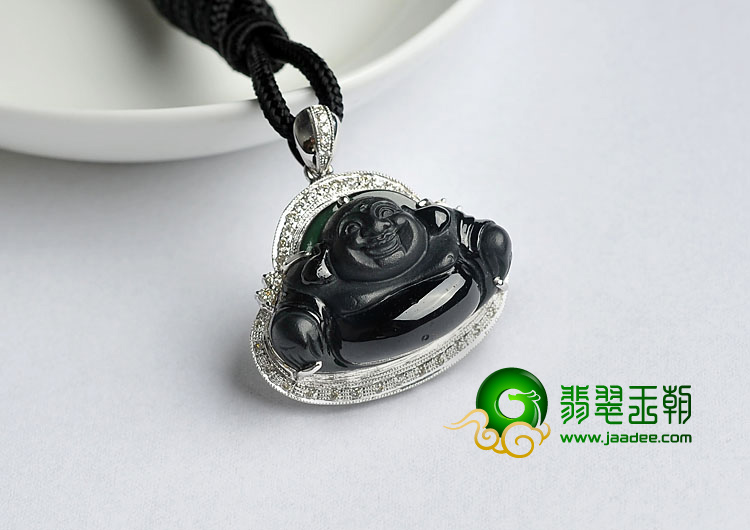 玻璃种墨翠缅甸翡翠A货镶白金玉佛胸坠（真钻）