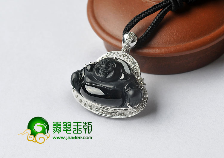 玻璃种墨翠缅甸翡翠A货镶白金玉佛胸坠（真钻）
