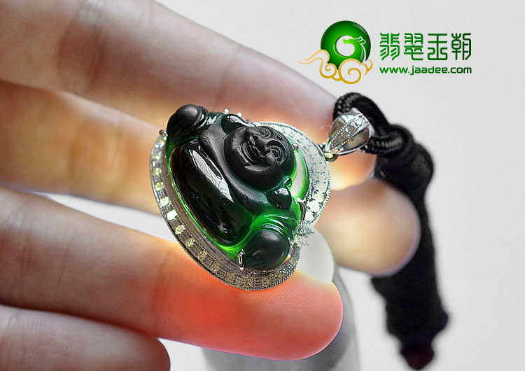 玻璃种墨翠缅甸翡翠A货镶白金玉佛胸坠（真钻）