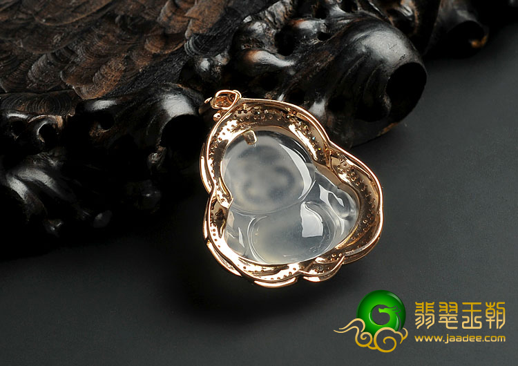 冰玻种白色缅甸翡翠A货镶玫瑰金玉佛胸坠