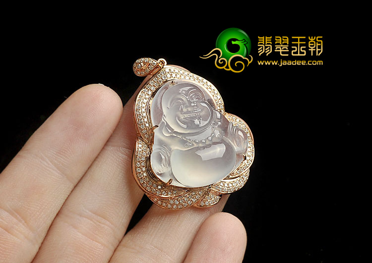 冰玻种白色缅甸翡翠A货镶玫瑰金玉佛胸坠