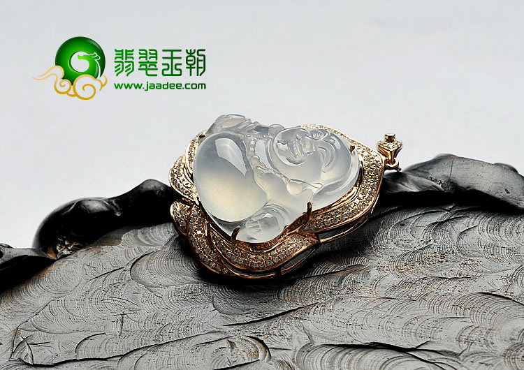 冰玻种白色缅甸翡翠A货镶玫瑰金玉佛胸坠