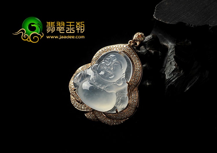 冰玻种白色缅甸翡翠A货镶玫瑰金玉佛胸坠
