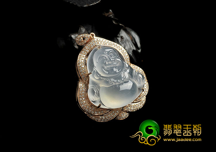 冰玻种白色缅甸翡翠A货镶玫瑰金玉佛胸坠