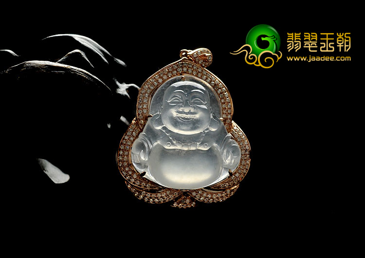 冰玻种白色缅甸翡翠A货镶玫瑰金玉佛胸坠