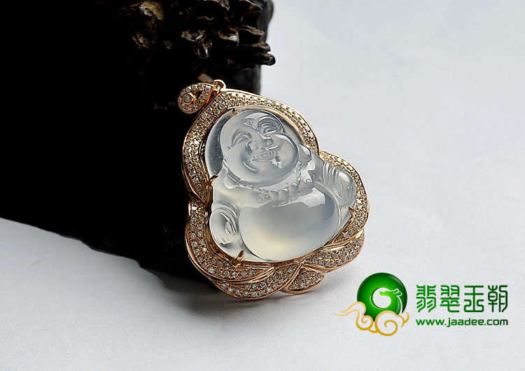 冰玻种白色缅甸翡翠A货镶玫瑰金玉佛胸坠