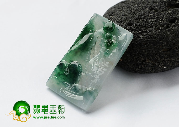 冰种飘翠缅甸翡翠A货山水牌挂件