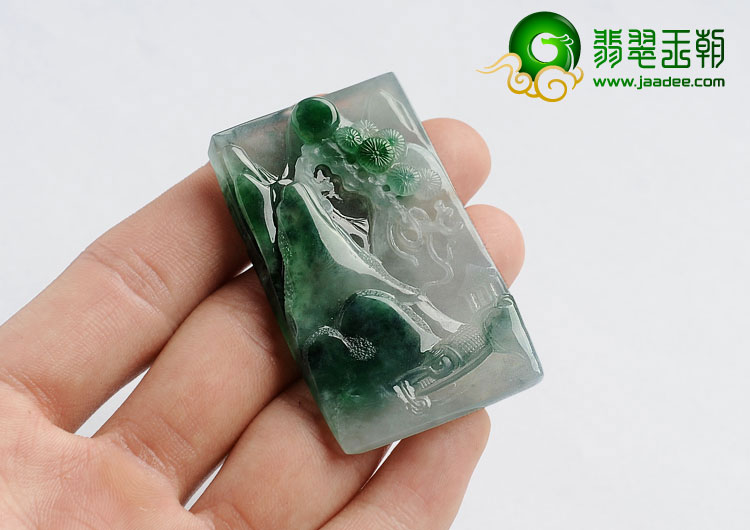 冰种飘翠缅甸翡翠A货山水牌挂件