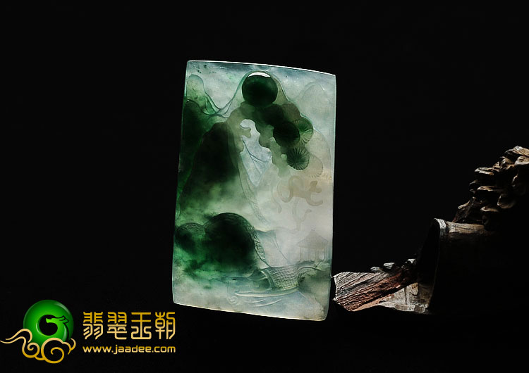 冰种飘翠缅甸翡翠A货山水牌挂件