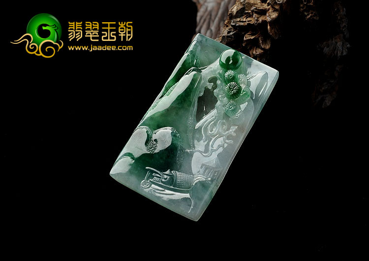 冰种飘翠缅甸翡翠A货山水牌挂件