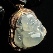 冰种淡晴水缅甸翡翠A货镶玫瑰金玉佛胸坠（真钻）