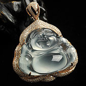 （超值推荐）玻璃种淡晴水缅甸翡翠A货镶玫瑰金玉佛胸坠（真钻）