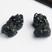 细糯种墨翠缅甸翡翠A货貔貅（一对）