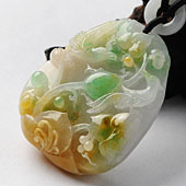 糯冰种黄加绿缅甸翡翠A货富贵双喜挂件