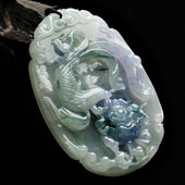 糯冰种紫罗兰飘花缅甸翡翠A货凤戏牡丹挂件