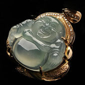 冰种晴水缅甸翡翠A货镶玫瑰金玉佛胸坠（真钻）