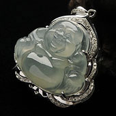 冰种晴水缅甸翡翠A货镶白金玉佛胸坠（真钻）