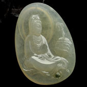 冰种黄翡略飘花缅甸翡翠A货坐莲观音挂件