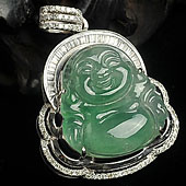 冰种绿晴水缅甸翡翠A货镶白金玉佛胸坠（真钻）