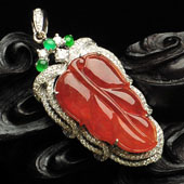 冰种红翡缅甸翡翠A货镶白金金枝玉叶胸坠（真钻）