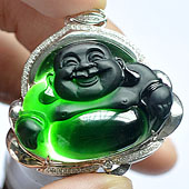 玻璃种墨翠缅甸翡翠A货镶白金玉佛胸坠（真钻）