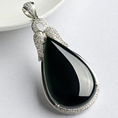 冰种墨翠缅甸翡翠A货镶白金水滴胸坠（真钻）