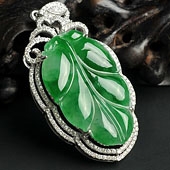 糯冰种阳绿缅甸翡翠A货镶白金金枝玉叶胸坠（真钻）