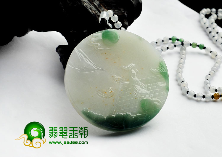 糯冰种青色飘黄翡缅甸翡翠A货望月怀远挂件