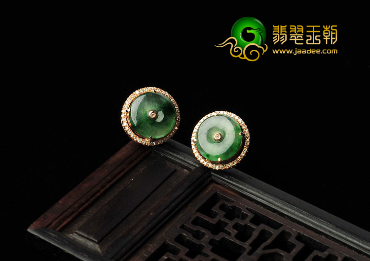 冰种飘翠缅甸翡翠A货镶玫瑰金平安扣耳钉（真钻）