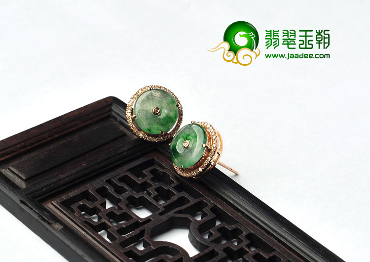 冰种飘翠缅甸翡翠A货镶玫瑰金平安扣耳钉（真钻）