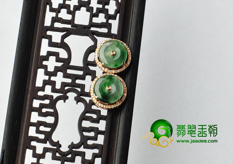 冰种飘翠缅甸翡翠A货镶玫瑰金平安扣耳钉（真钻）